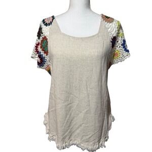 Umgee Boho Crochet Granny Square Sleeve Linen Top S Beige Short Sleeve